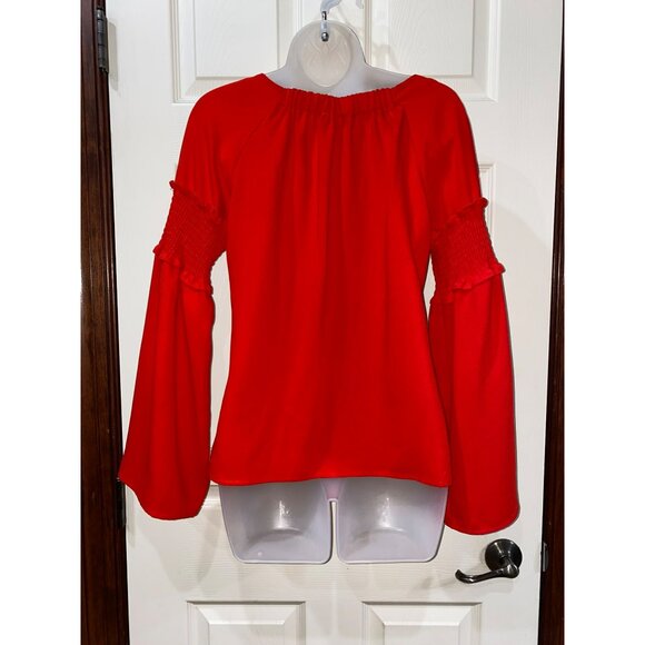 Amaryllis Red Long Bell Sleeve Smocked Blouse By Amaryllis  Size Small - Picture 7 of 8